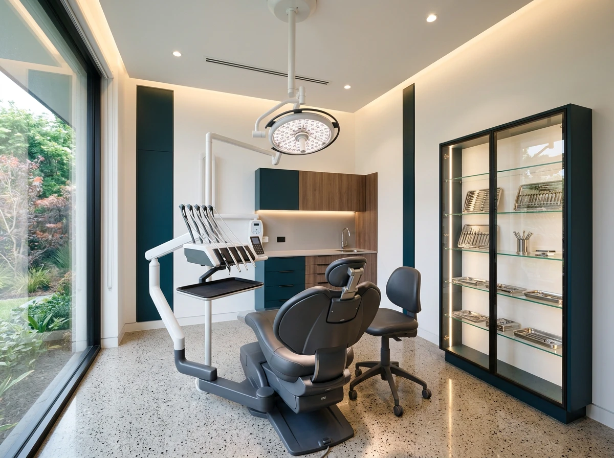 Fauteuil dentaire moderne dans une salle de soins lumineuse et équipée