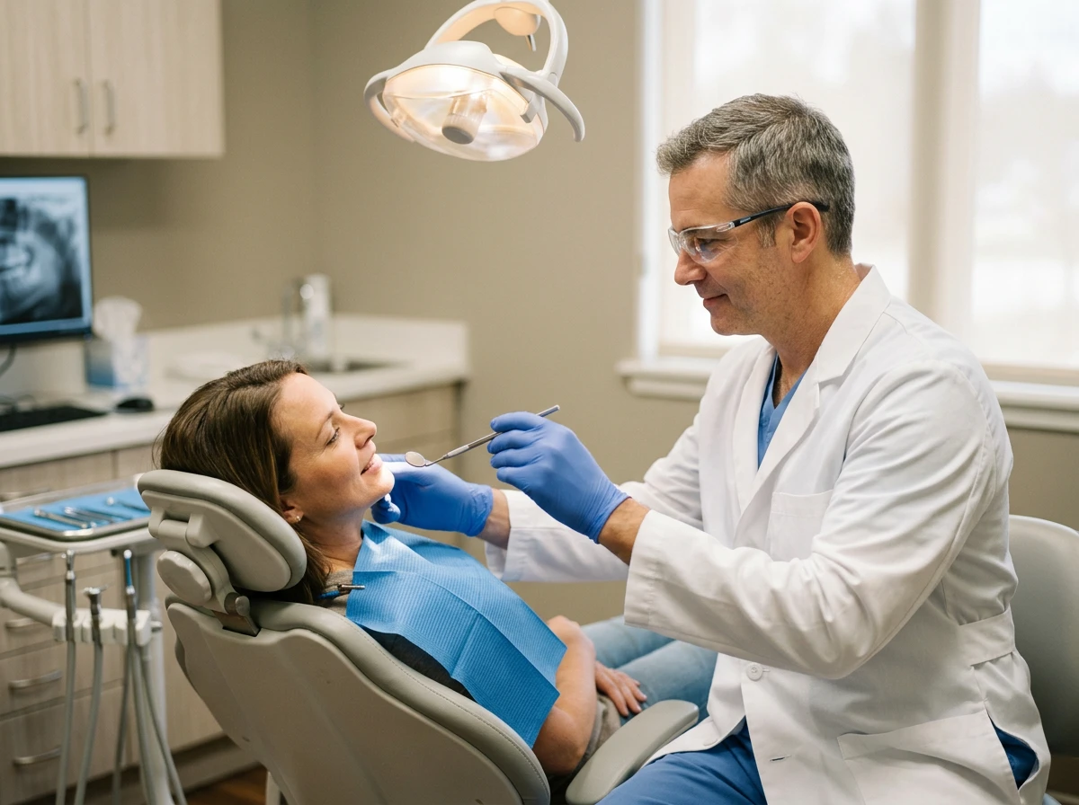 Dentiste examinant un patient adulte dans un cabinet bien équipé