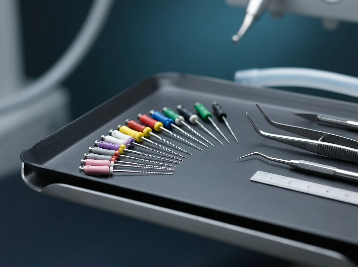 Instruments fins d'endodontie disposés avec précision sur un plateau chirurgical
