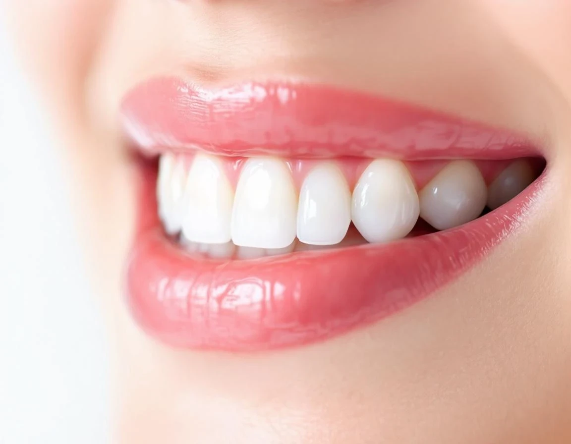 Gencives saines roses et dents blanches en gros plan clinique