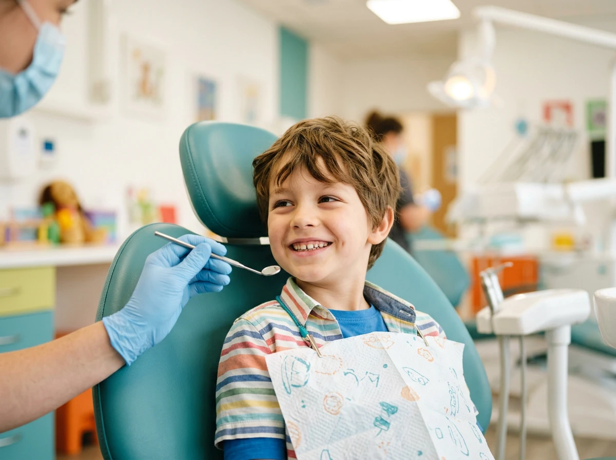 Enfant souriant lors d'une consultation chez le dentiste dans un cabinet accueillant